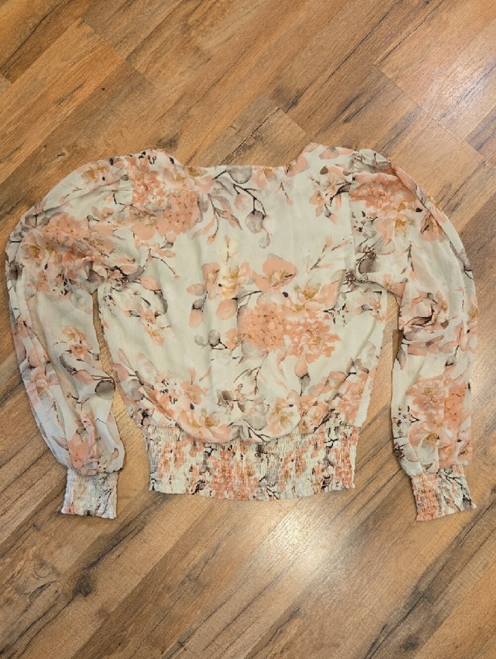 Rachel Zoe Peach Floral Smocked Waist Blouse - Picture 3 of 3
